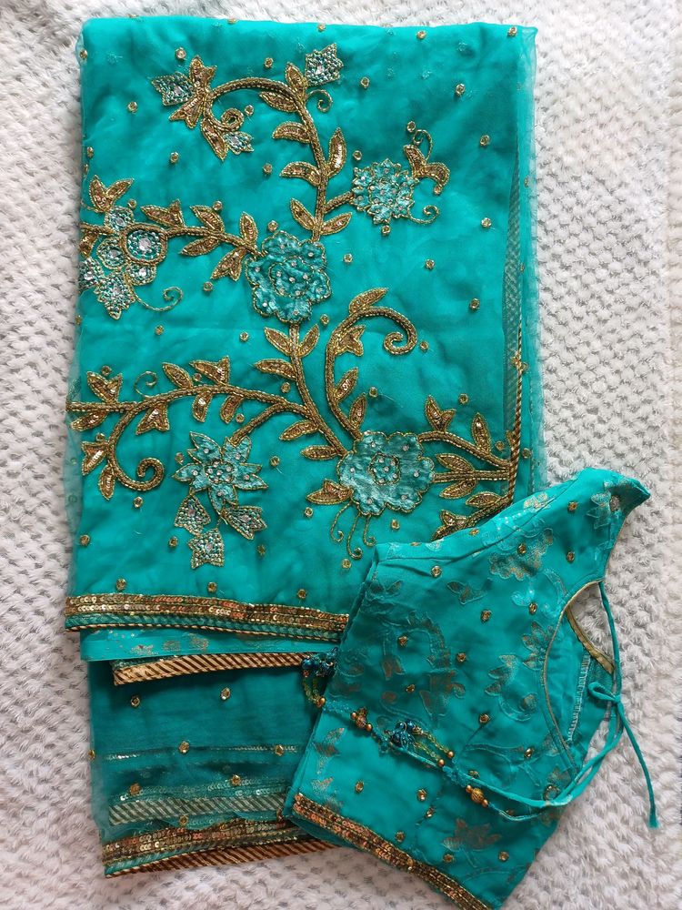 Beautiful Sea Green 💚 Saree With Blause