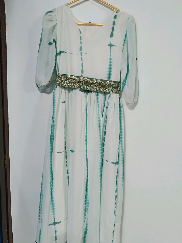 Ethnic Gown White And Green Colour