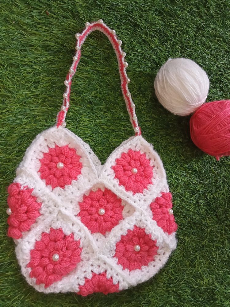 handmade Crochet Bag For Women Pearl Flower Design