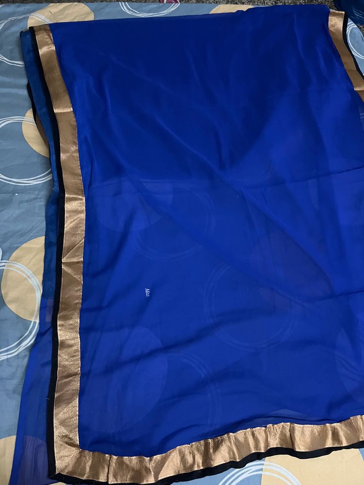 Navy Blue Georgette Plain Saree With Border