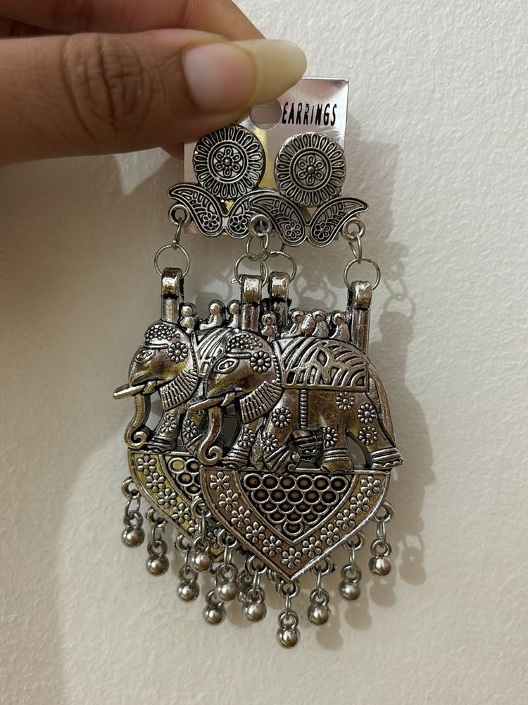 Elephant Traditional Look Oxidised Jhumka Earrings