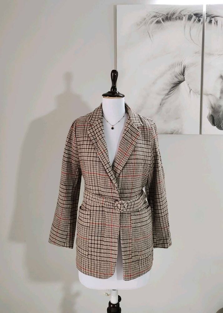 🆕 Checkered Woolen Blend Overcoat With Belt