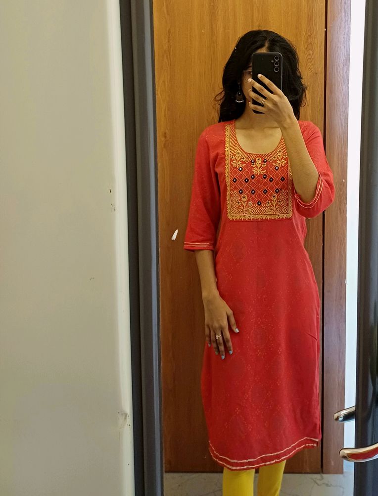 Bandhani Printed Red Daily Wear Kurta