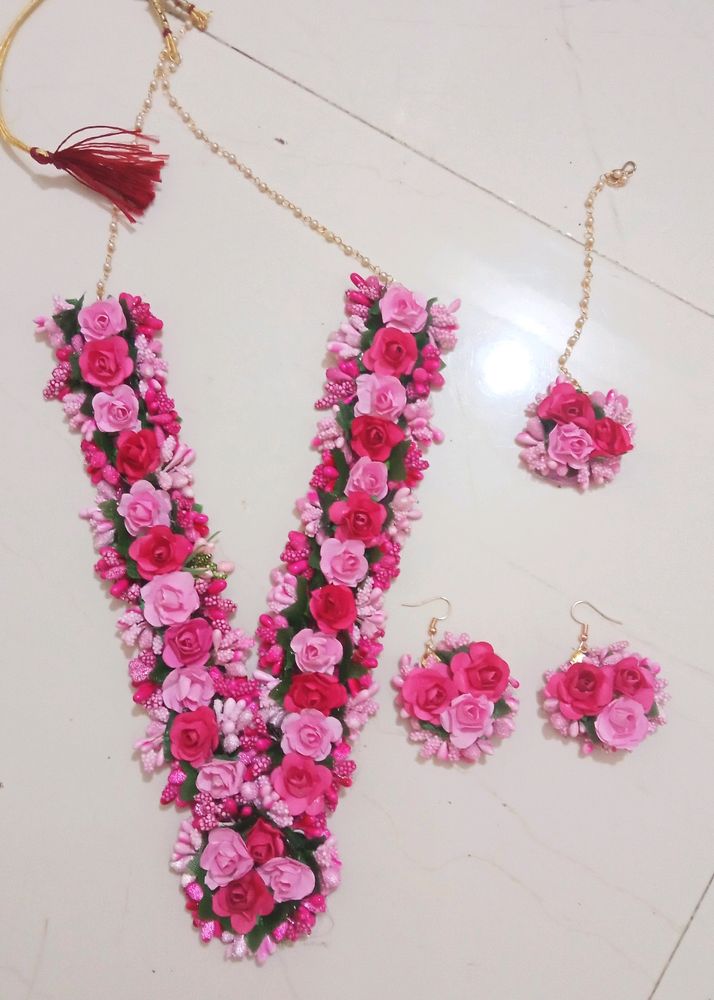 Rani Pink and Baby Pink Flower Necklace Set for Haldi Ceremony