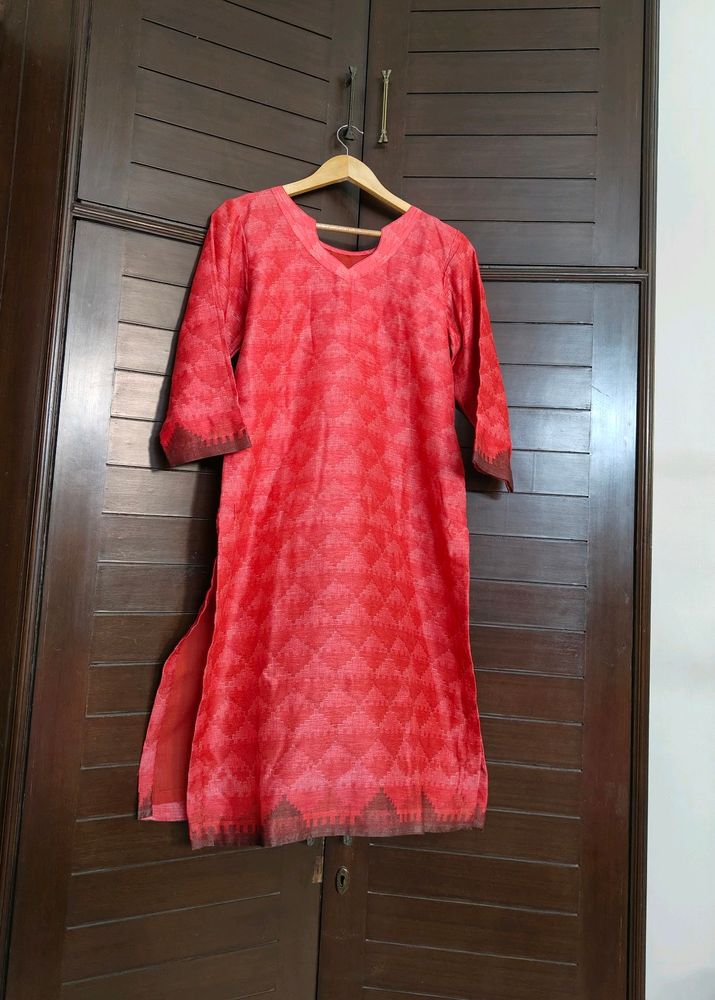 Women Red Tussar Silk Printed Kurta