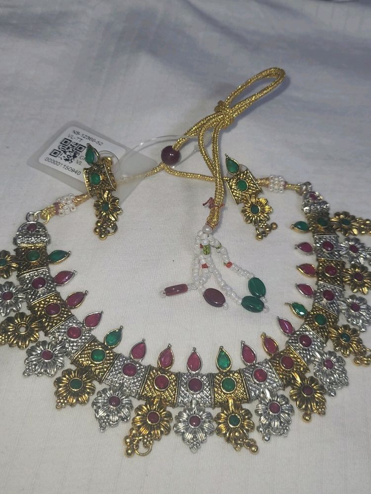 Elegant Silver And Gold Oxidised Jewellery Set