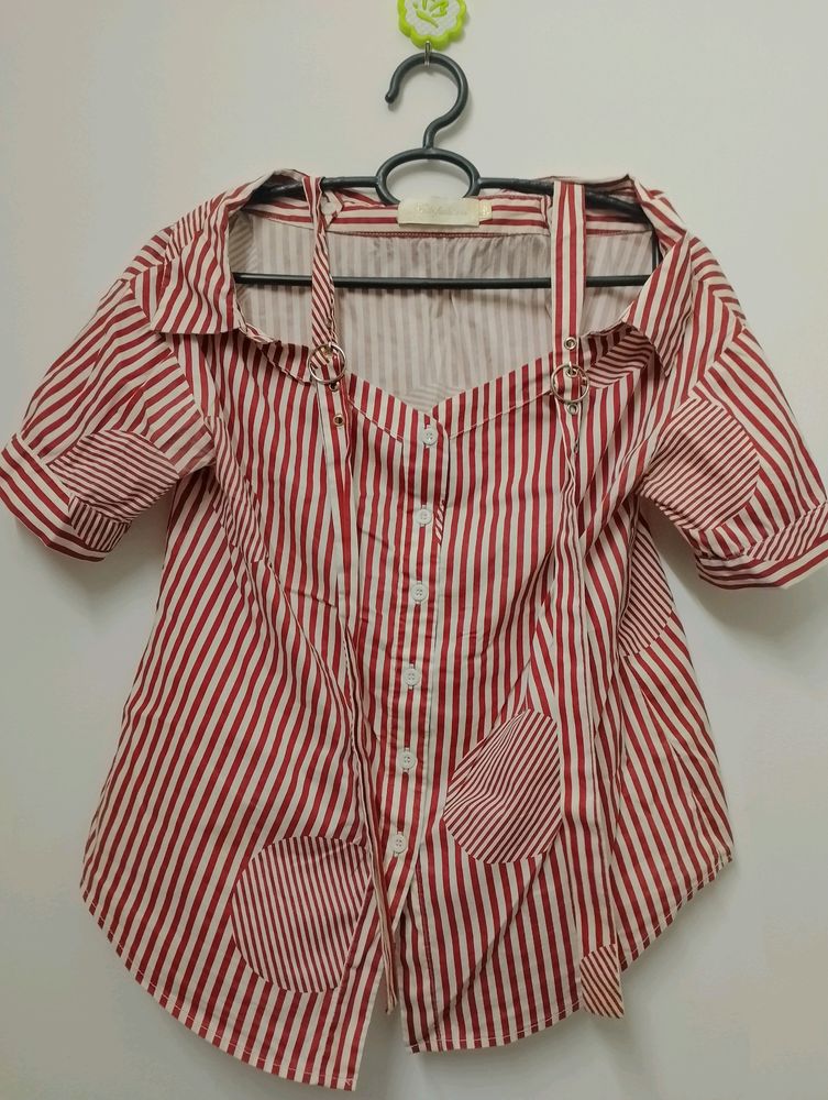 Red White Striped Off Shoulder Shirt