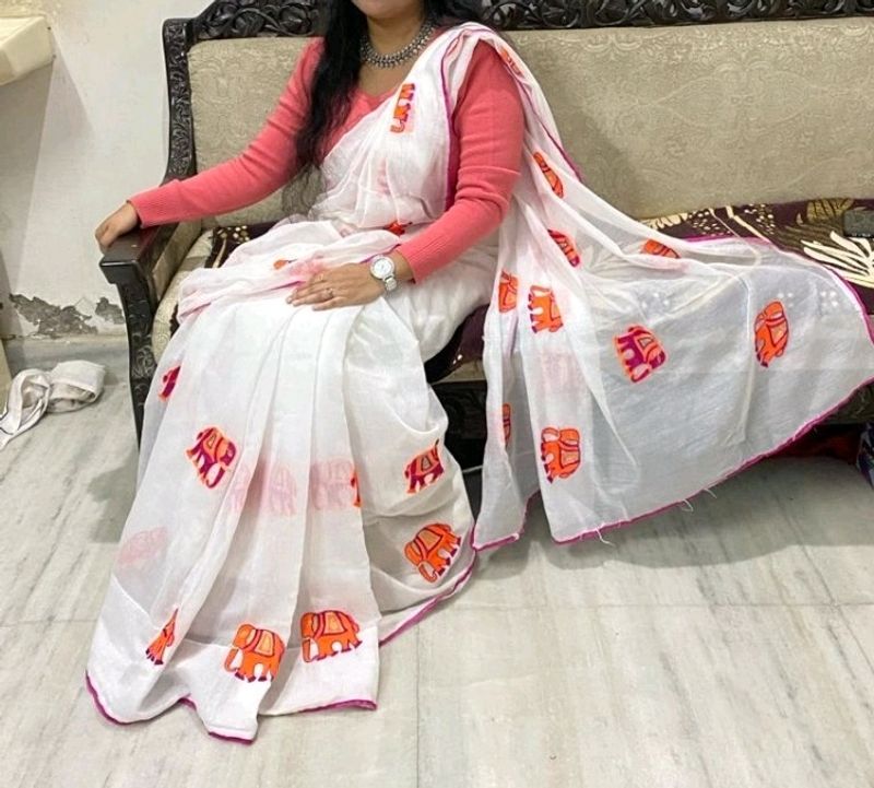 White Cotton Elephant Print Saree