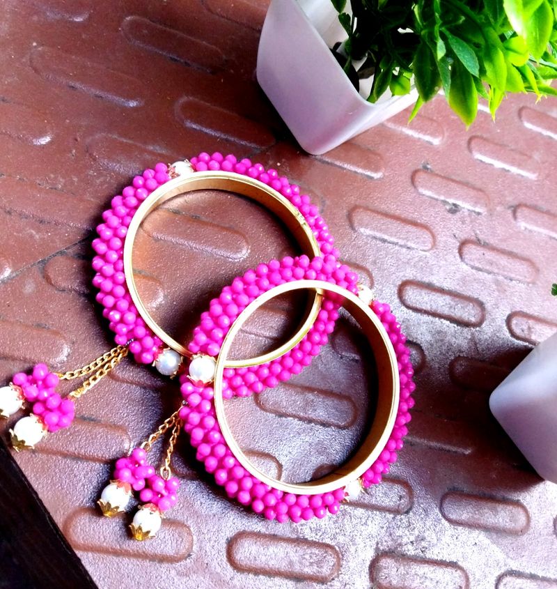 2 Pink & Gold-Toned Beaded Bangles with Latkan