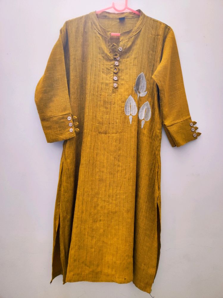 Straight Fit Blended Cotton Mustard Yellow Kurta