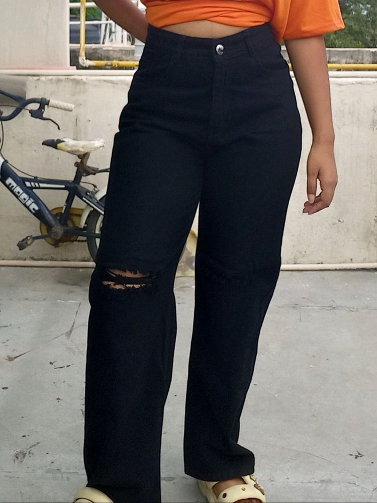 High Waisted Black Flared/ Wide Leg Jeans