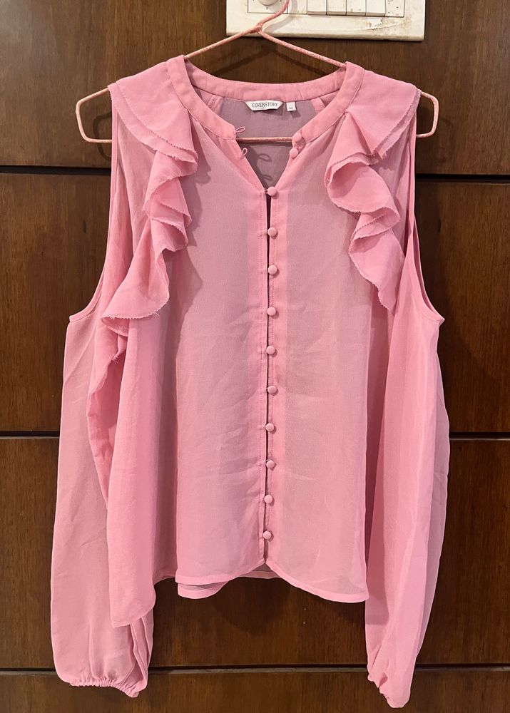 Cover Story Pink Ruffled Cold Shoulder Shirt