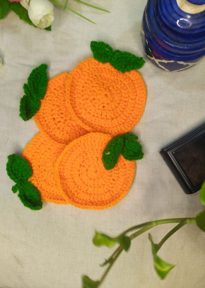 Orange Crochet Coaster Set