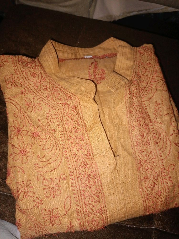 Mustard Chikenkari Kurta