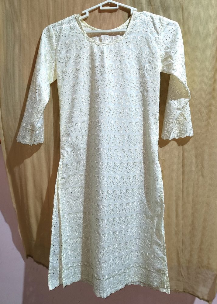 Off-white Embroidery Straight Kurti