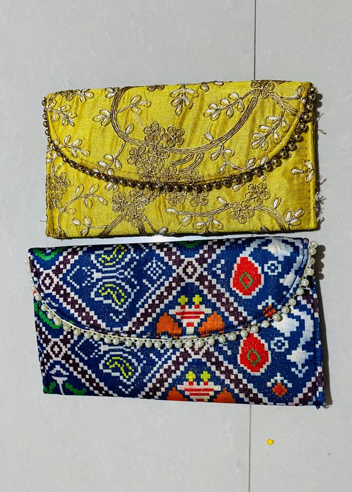 Women Blue Yellow Patola Print Embroidery Clutch