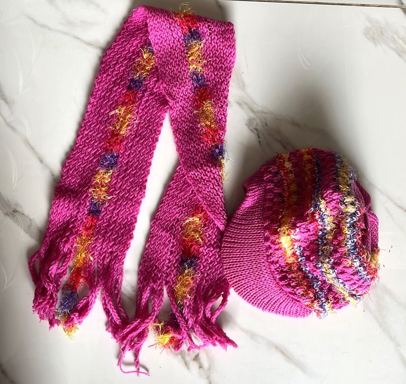 Pink Woollen Cap And Scarf Set