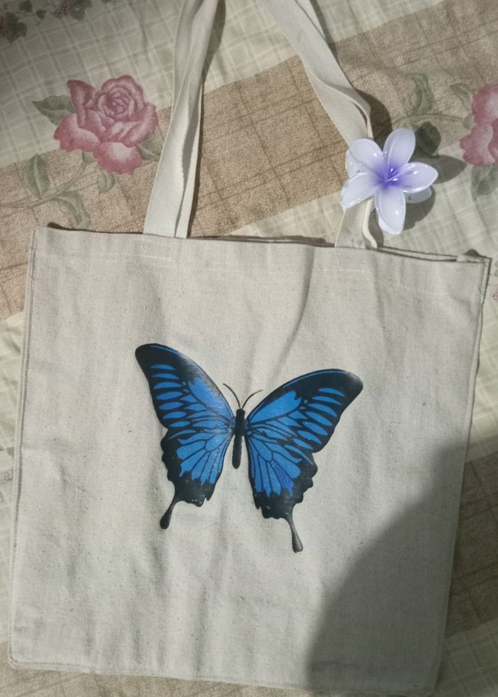 White Butterfly Printed Tote Bag