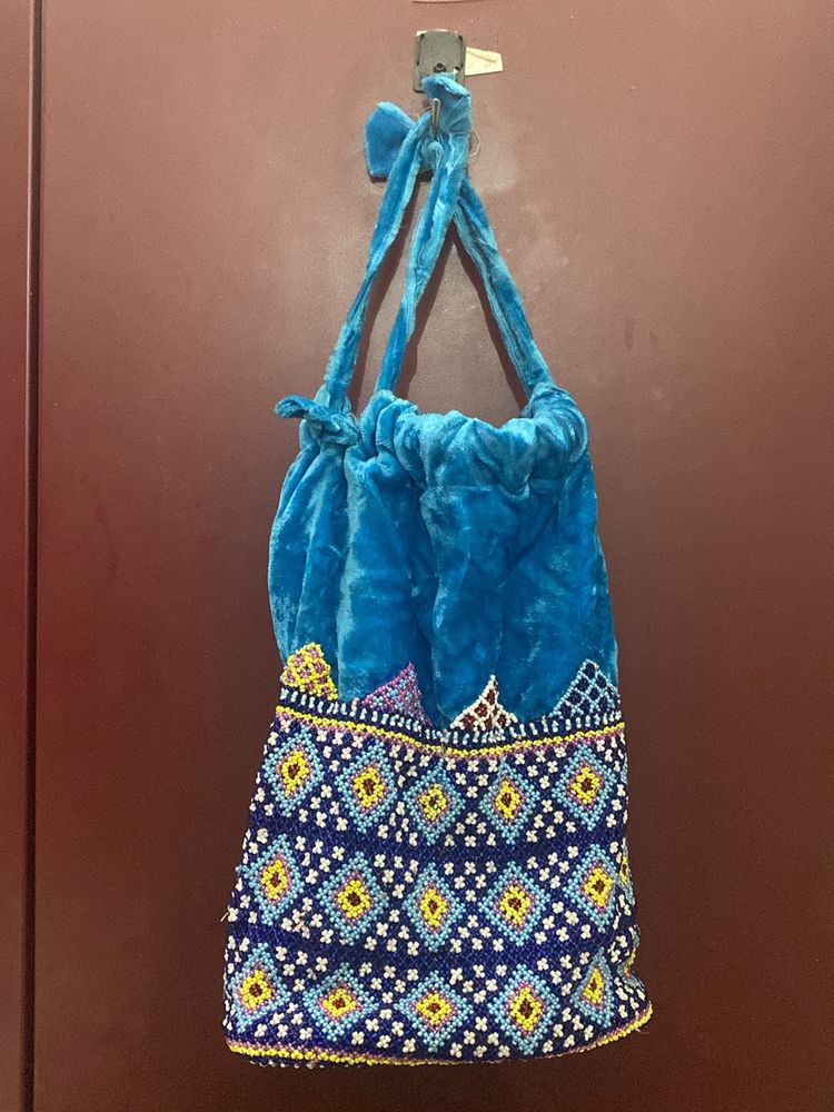 Blue Velvet Bead Embroidered Potli Bag