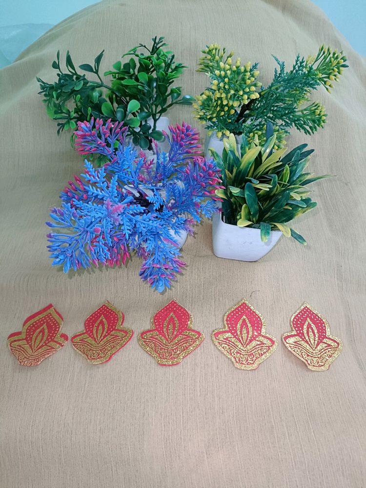 4 Artificial Plants With Free Diya Stickers