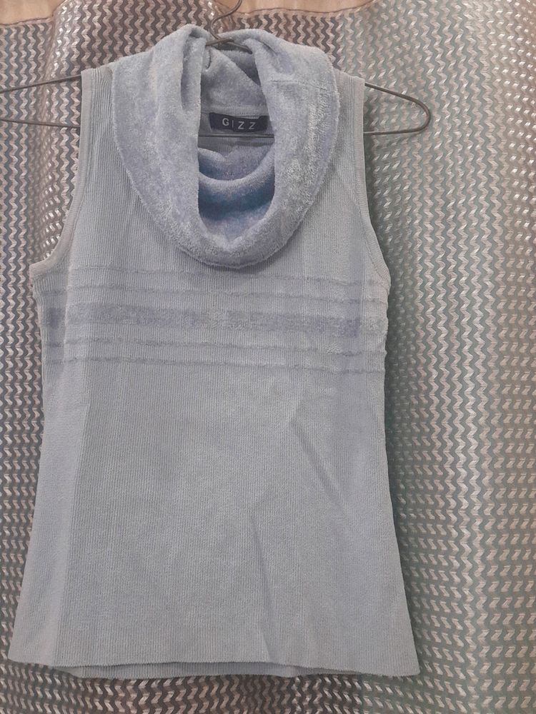 Light Blue Color Strechable Fall Neck Top