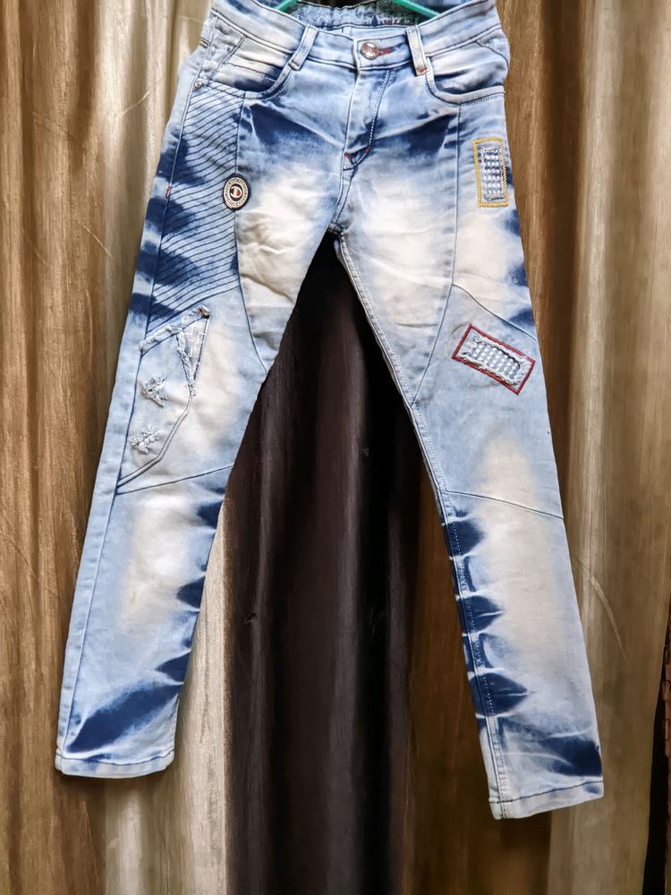 Boys Mid Rise Designer Damage Jeans Light Blue