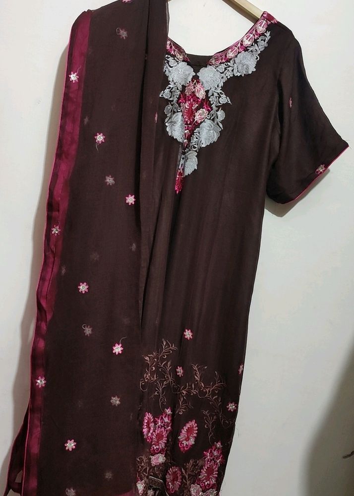 Brown Embroidry Work Suit Salwar With Dupatta