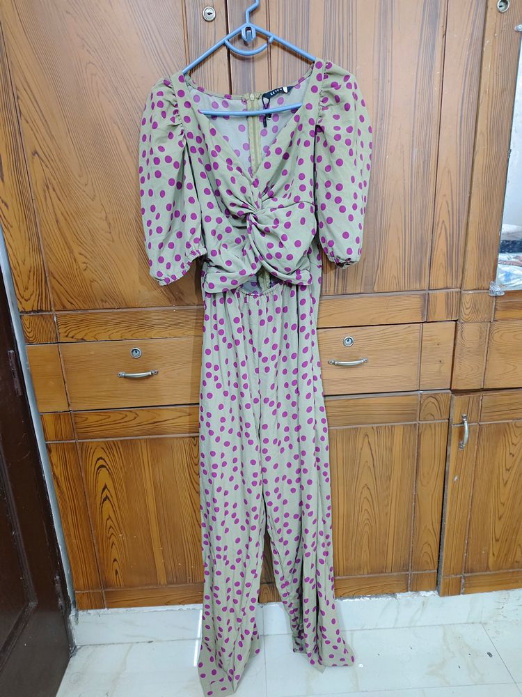 Beige Jumpsuit With Pink Podka Dots.