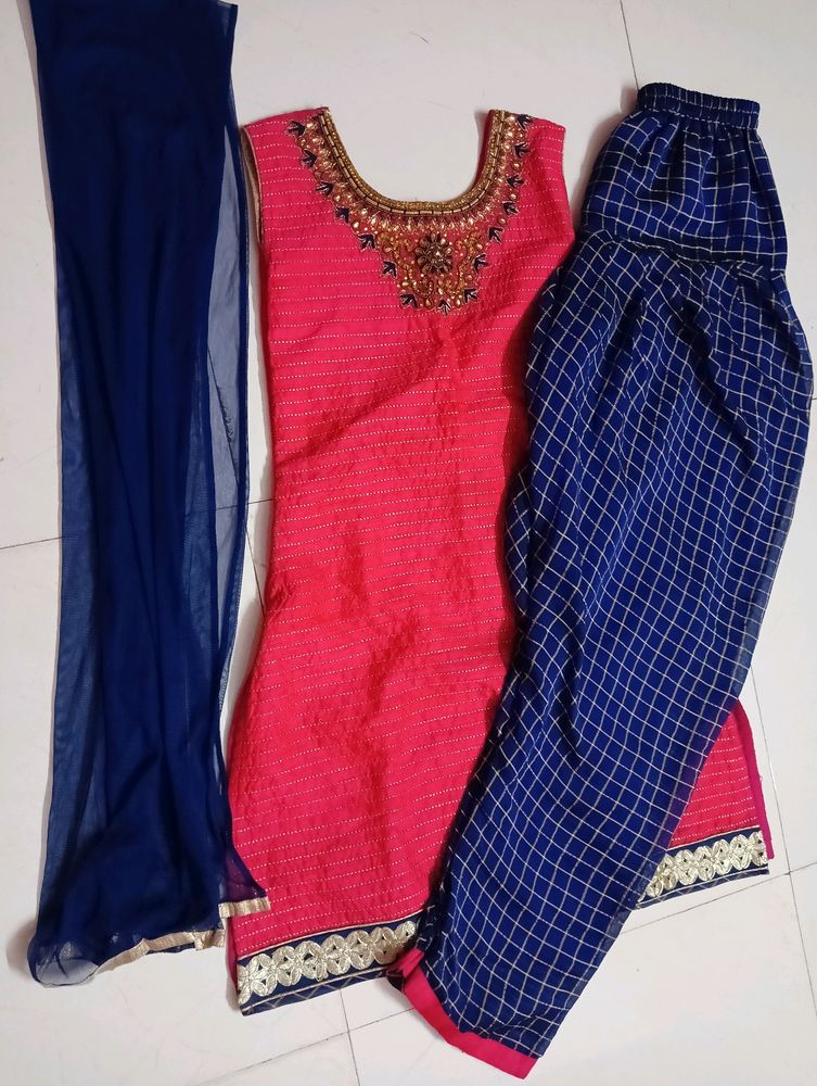 Pink Kurti And Suit Set With Plazo Pants