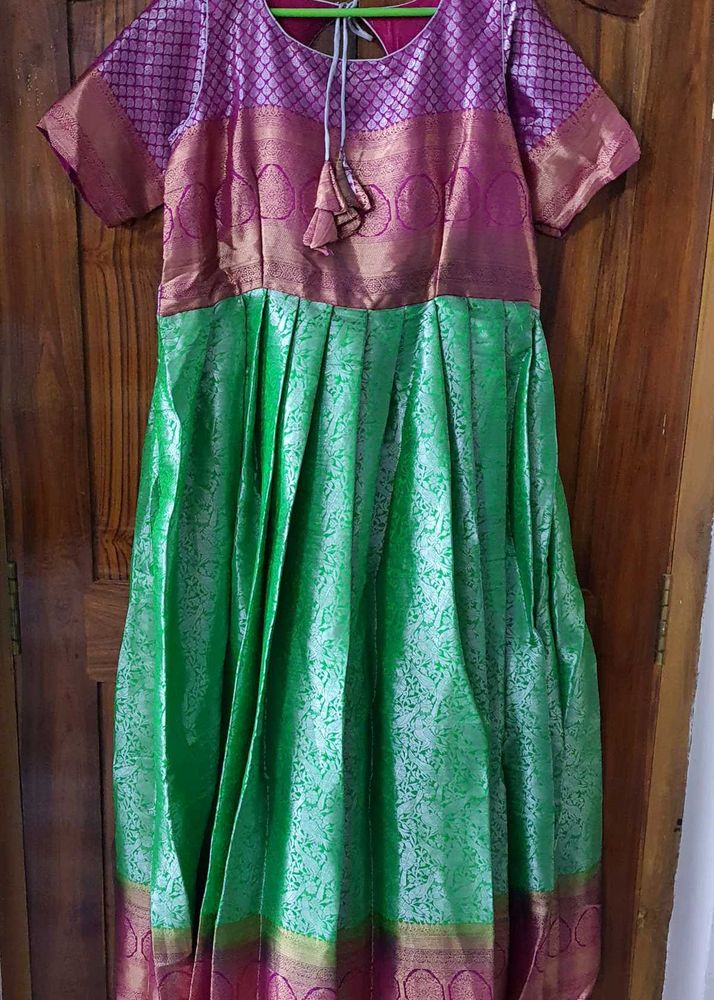 Green With Pink Color Semi-pattu Longfrock