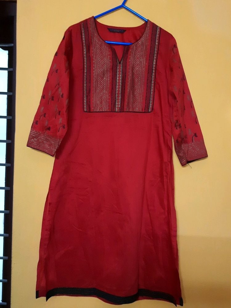 Red Kurta With Black And Golden Printed Design