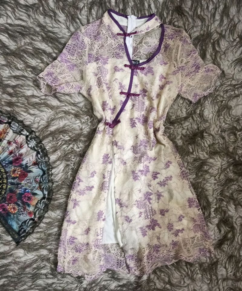 Purple And Cream Lace Cheongsam Dress