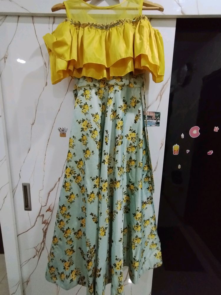 Yellow Cold Shoulder Long Frock