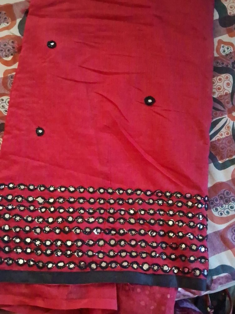 One Time Used Mirror Design Red Saree