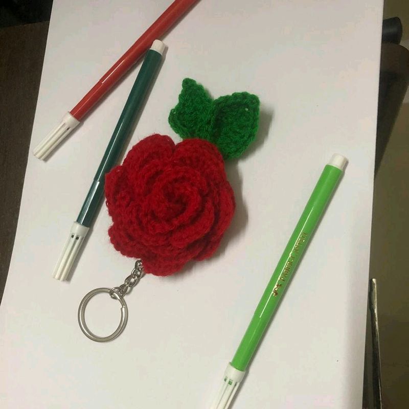 Crochet Red Rose Keychain