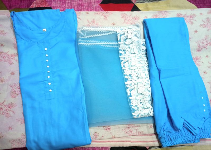 Designer Pure Cotton Kurta Pant Dupatta Set