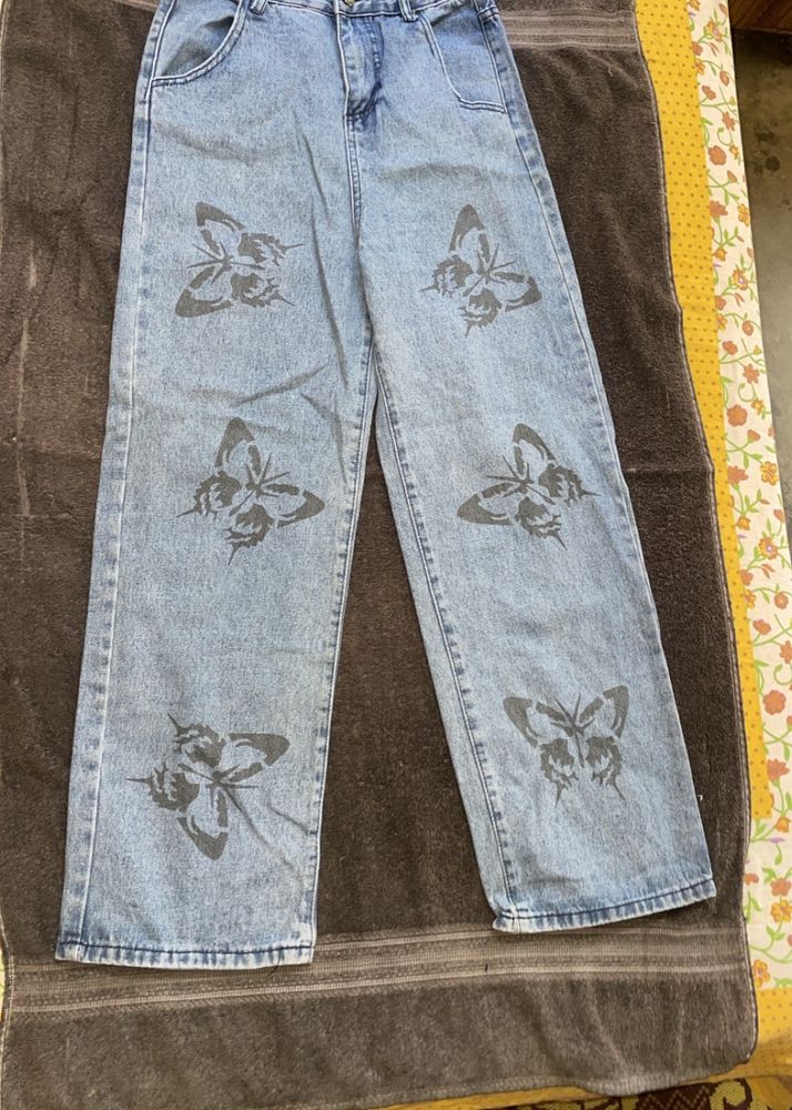 Beautiful Butterfly Print Wide Jeans