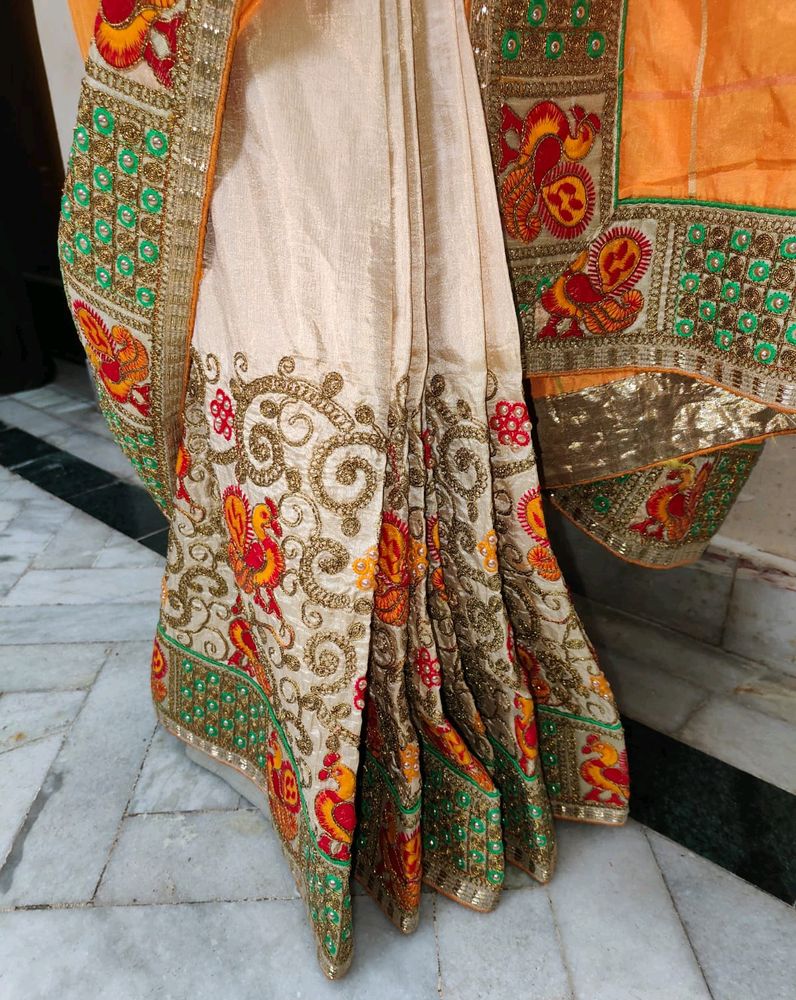 Orange and Beige Saree With Stiched Blouse