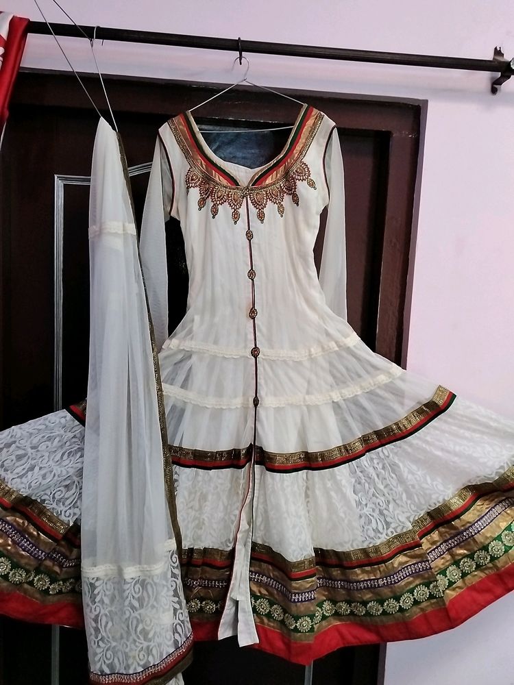 White Net Anarkali Suit With Dupatta