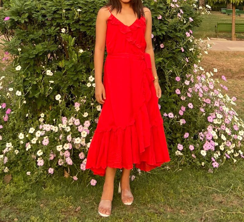 Valentines Day Red Flounce Trimmed  Wrap Dress