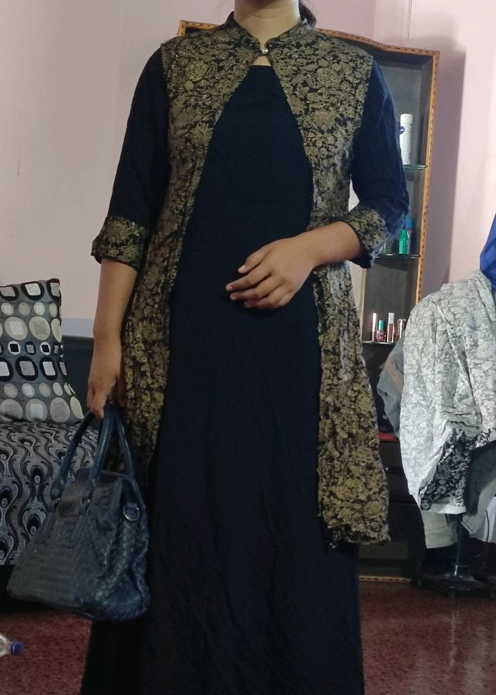 Black Long Dress With Ethnic Printed Coat