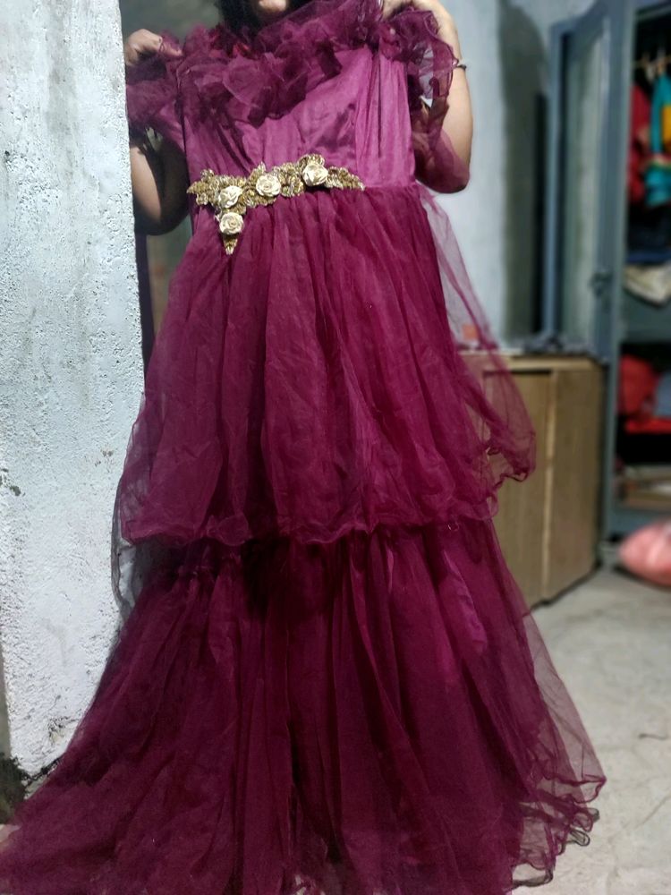 Dark Wine Colour Designer Long frock net