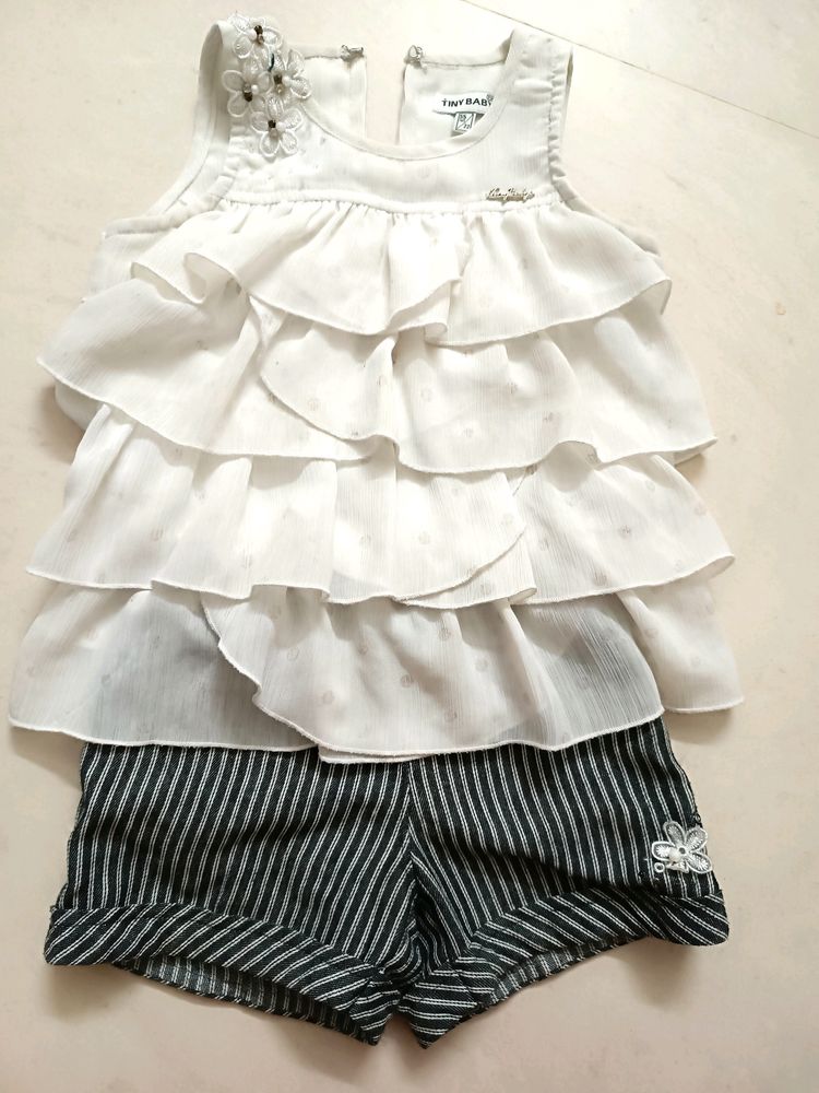 White Frilled Top With Short Set