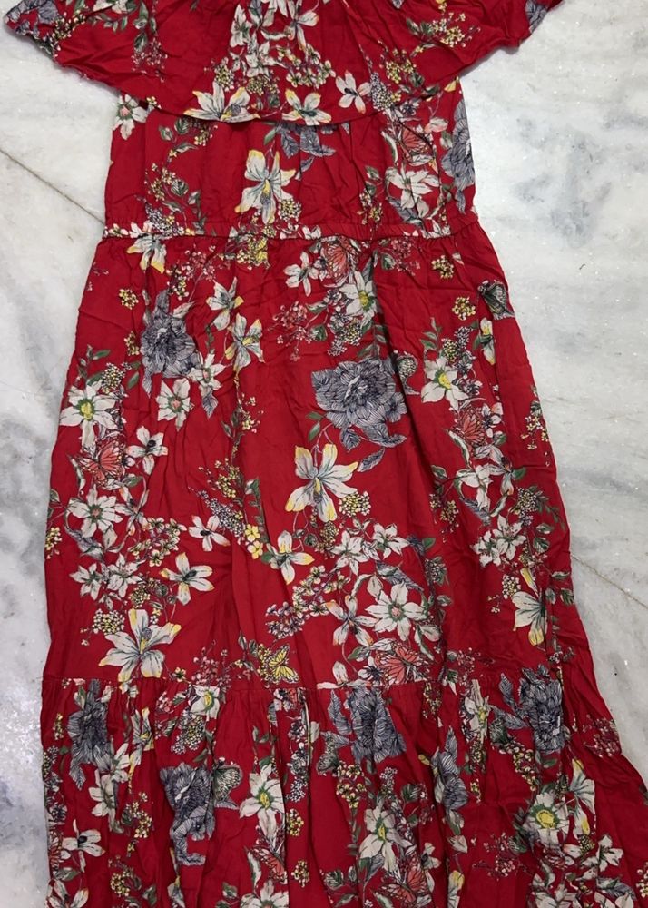 Off Shoulder Red Floral Dress