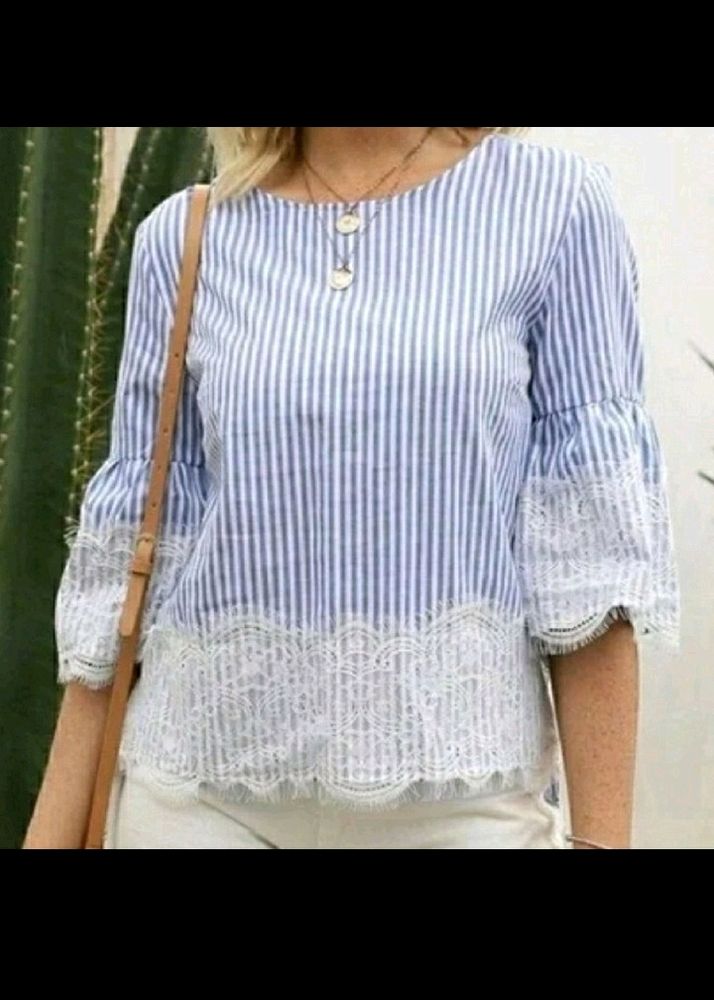 Blue And White Stripped Top With V Shape Cut