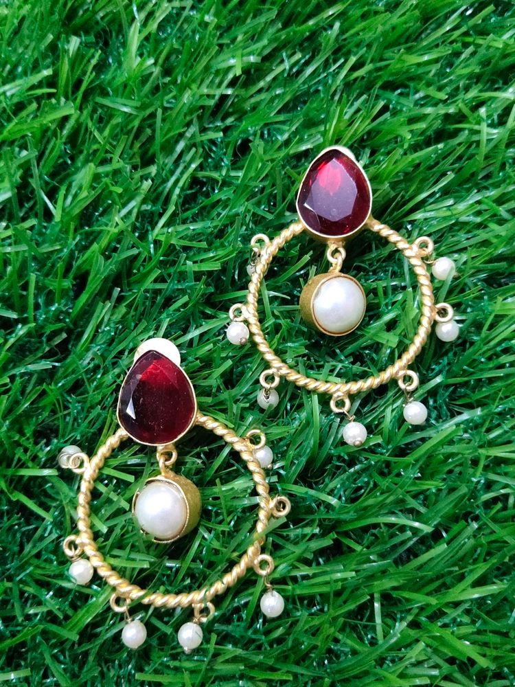 Brass Earrings With Red Stone And Beads