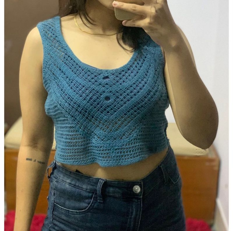 Blue Crochet Acrylic Top