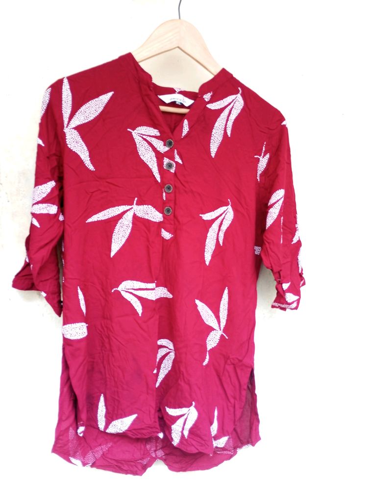 Designer Leaf Printed Maroon Kurti Tunic (Women)