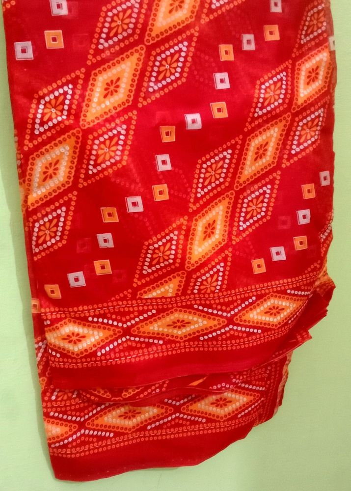 Chunri Print Red Cooton Sari(Piku Fall Done)