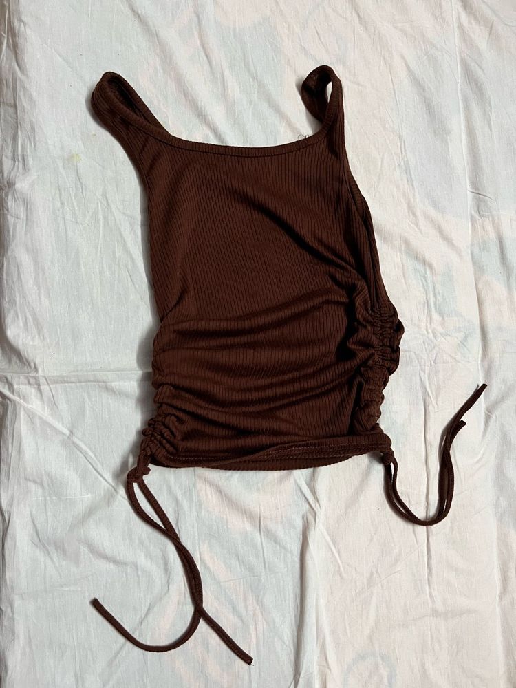 SSS Brown Drawstring Ribbed Top